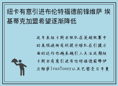 纽卡有意引进布伦特福德前锋维萨 埃基蒂克加盟希望逐渐降低